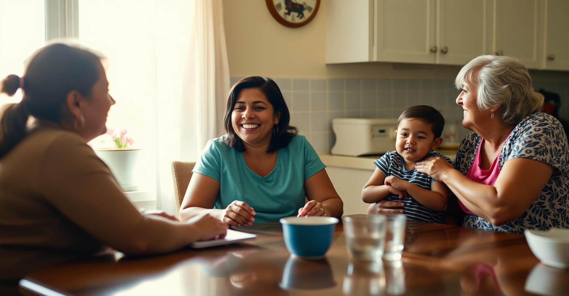 A community health worker sits at a kitchen table talking warmly with a multigenerational family