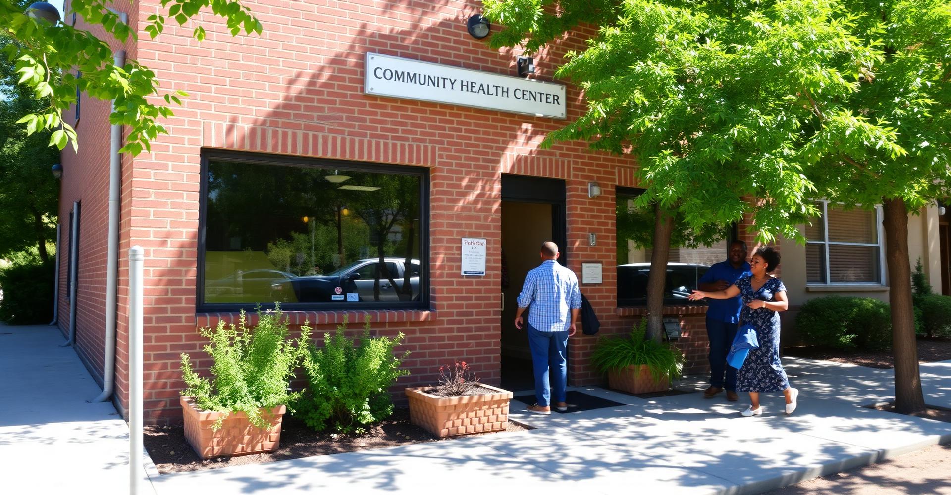 The welcoming brick exterior of a community health center on a sunny day with community members entering