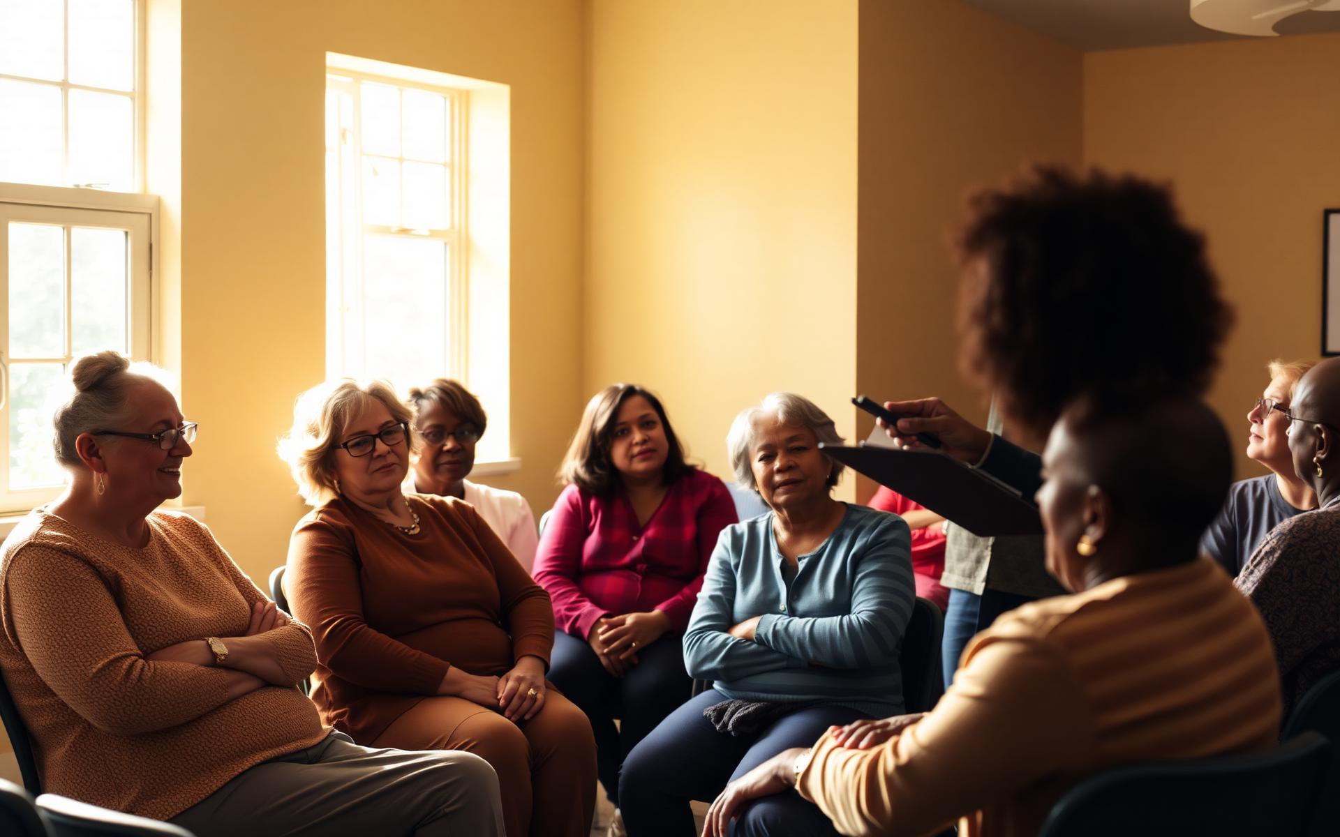 Community members gathered in a warm sunlit room for a health workshop led by a community health educator