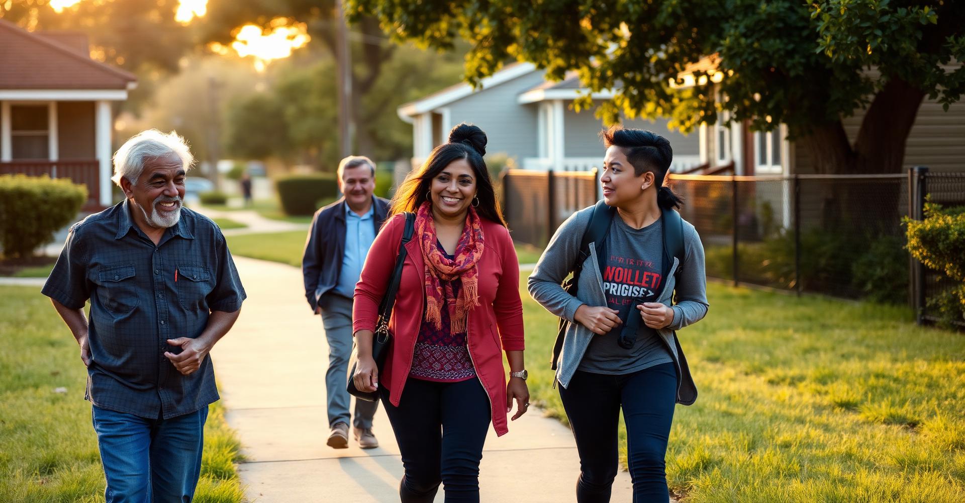 A diverse group of neighbors walking together on a suburban path in warm golden-hour light