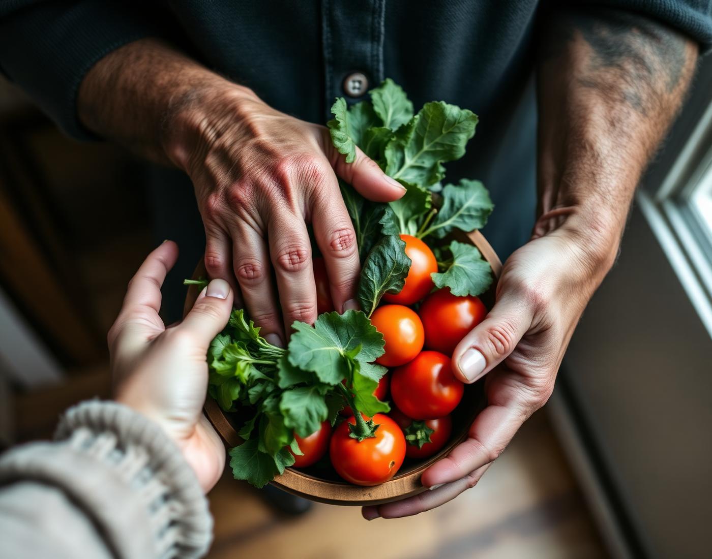 Weathered older hands and younger hands together holding a wooden bowl of fresh vegetables