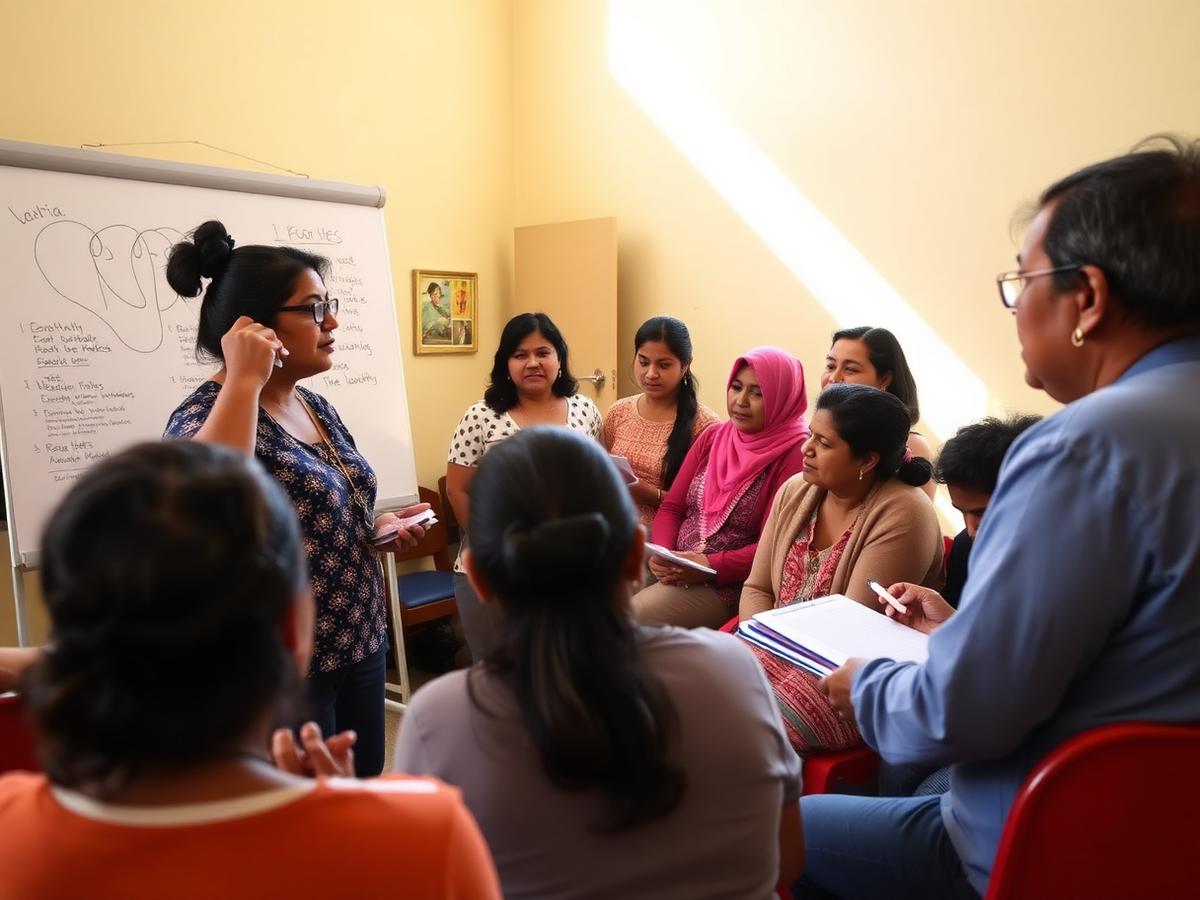 A Latina educator writes on a flipchart while a small diverse group takes notes in a sunlit community room