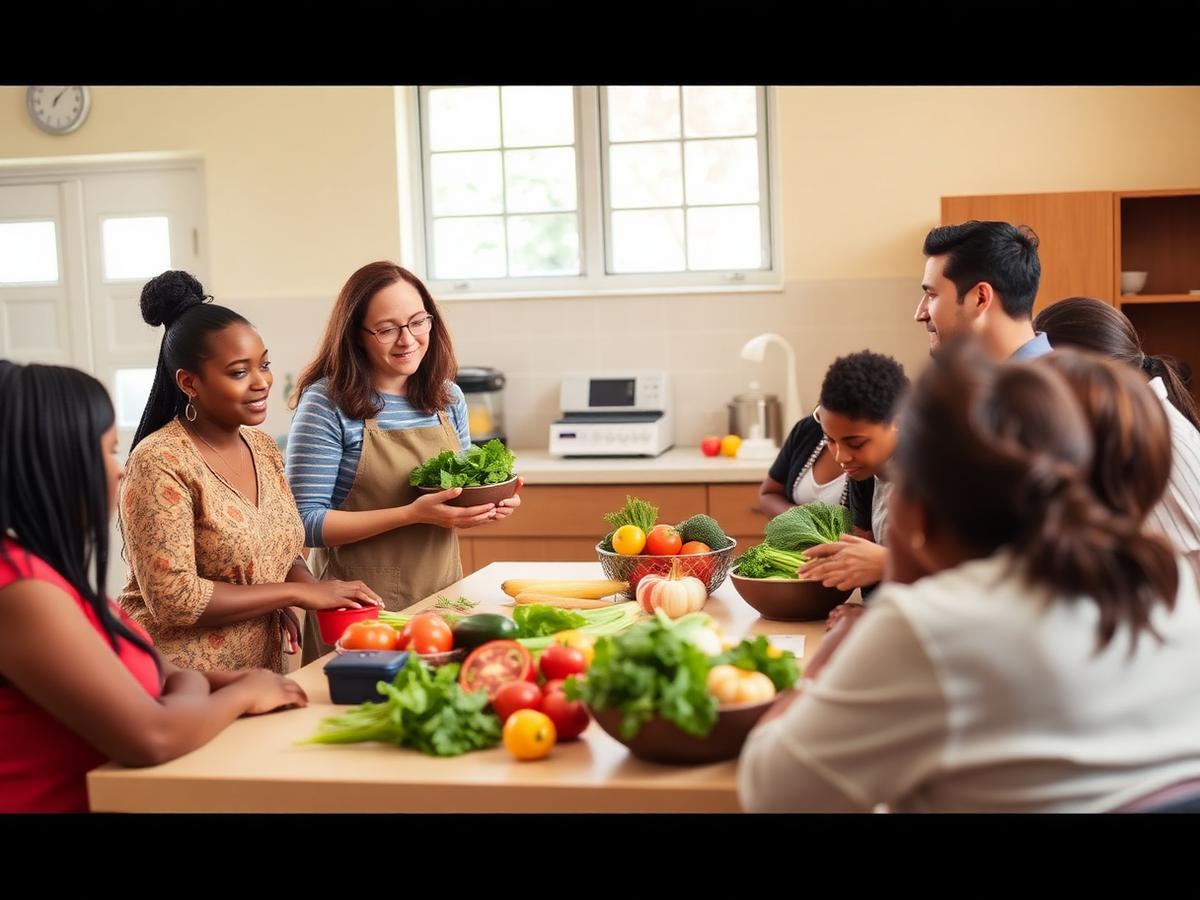 A nutrition class in a community kitchen with a diverse group gathered around fresh vegetables