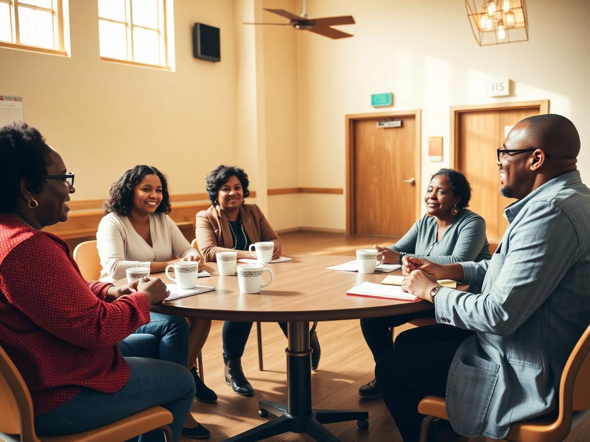 Five community leaders sit around a round table in a bright multipurpose room in engaged conversation