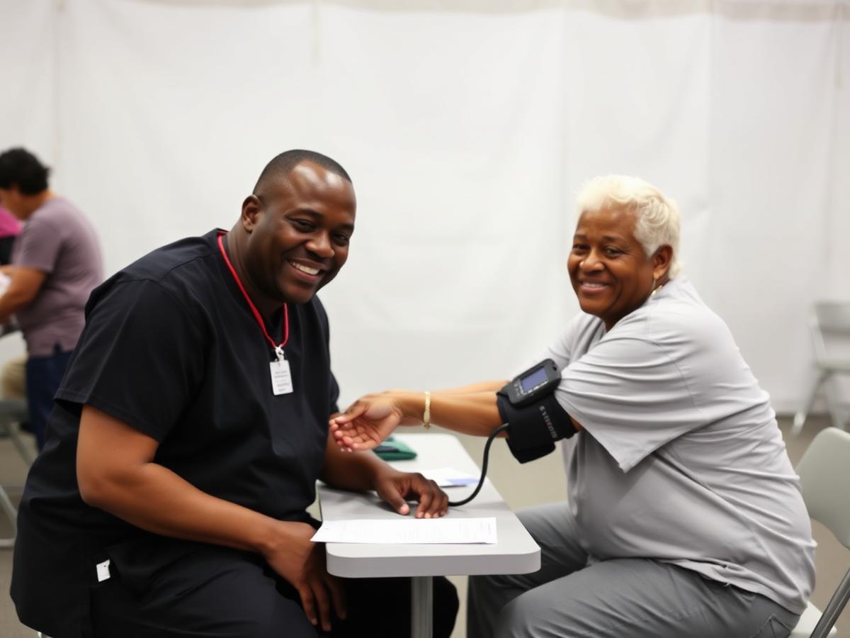 A nurse takes the blood pressure of a smiling community member at a folding table at a community screening event